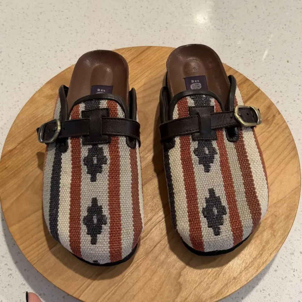 Res Ipsa Clogs Mens 9 Kilim Woven Stripe Buckle Slip On Multi Casual Artsy Boho